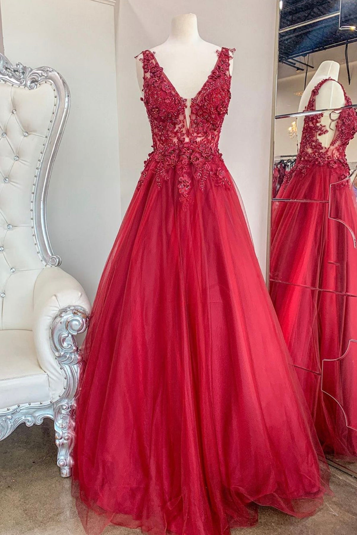 Party Dresses 2044, Red V-Neck Tulle Lace Long Prom Dresses, A-Line Red Evening Party Dresses