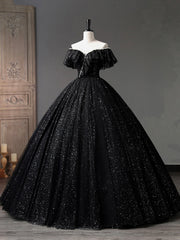 Bridesmaid Dress Long Sleeves, Black Tulle Long A-Line Prom Dress, Shiny Off Shoulder Evening Dress