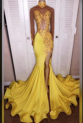 Bridesmaid Dresses Mismatch, 2024 Junoesque Yellow Split Mermaid/Trumpet Long Sleeve Satin Prom Dresses