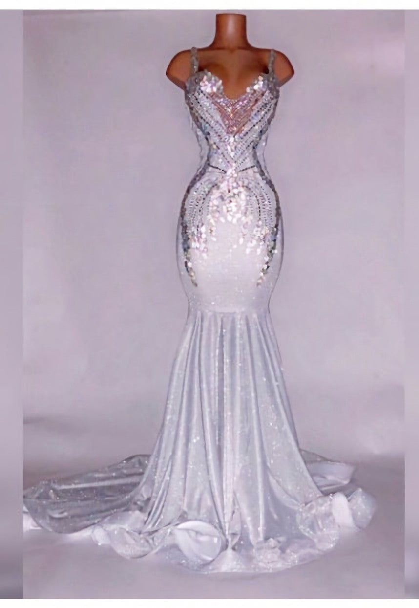 Formal Dress Vintage, Alluring Silver Satin Beaded Mermaid Prom Dresses