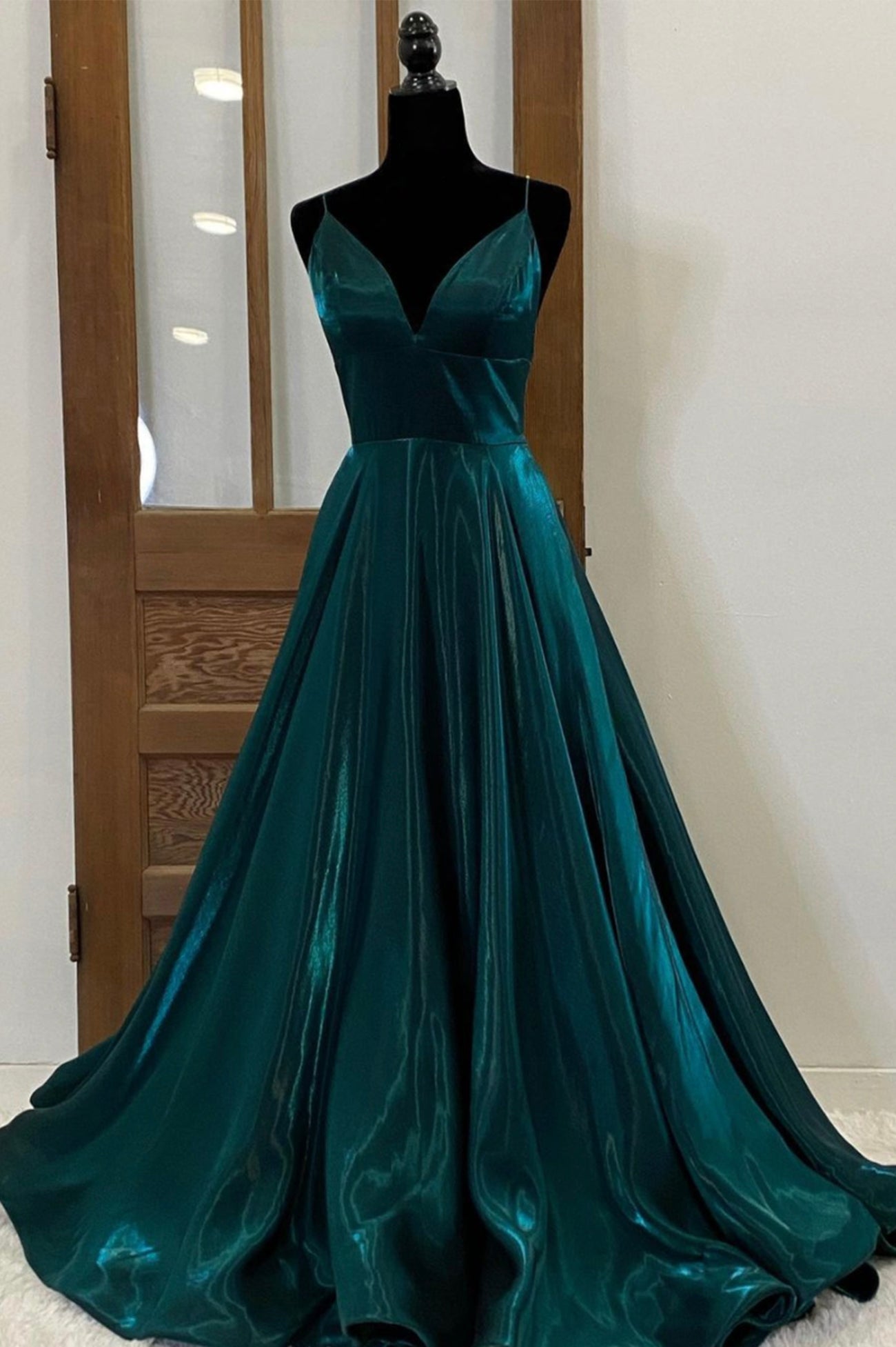 Prom Dresses For 2042, Green Satin Long Prom Dresses, Simple V-Neck Evening Dresses