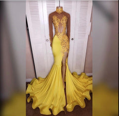 Bridesmaids Dresses Mismatched, 2024 Junoesque Yellow Split Mermaid/Trumpet Long Sleeve Satin Prom Dresses