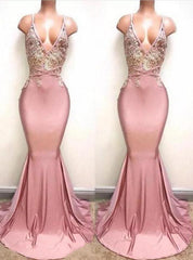 Bridesmaid Dresses Different Colors, 2024 V-neck Train Mermaid/Trumpet Lace Beaded Prom Dresses