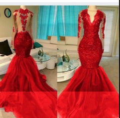 Formal Dresses Long Elegant, 2024 Red Appliques Long Sleeve V-neck Prom Dresses
