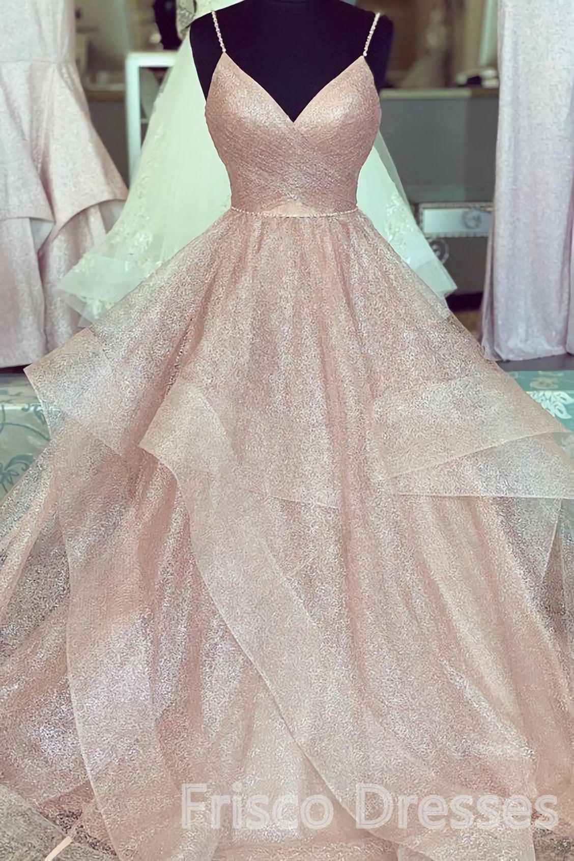 Party Dresses On Sale, A Line Rose Gold Pleated Bodice Ruffled Long Prom Dresses