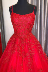 Party Dresses Outfit, Red Lace Long Prom Dresses, A-Line Formal Evening Dresses