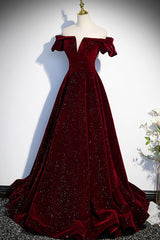 Off Shoulder Prom Dress, Burgundy Velvet Long Prom Dresses, Off the Shoulder Formal Evening Dresses