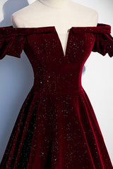 Black Long Dress, Burgundy Velvet Long Prom Dresses, Off the Shoulder Formal Evening Dresses