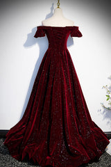 Satin Bridesmaid Dress, Burgundy Velvet Long Prom Dresses, Off the Shoulder Formal Evening Dresses