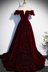 Glamorous Dress, Burgundy Velvet Long Prom Dresses, Off the Shoulder Formal Evening Dresses