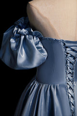 Homecoming Dress Under 70, Cute Satin Long Prom Dresses, Blue Short Sleeve A-Line Evening Dresses