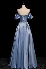 Homecoming Dresses Cute, Cute Satin Long Prom Dresses, Blue Short Sleeve A-Line Evening Dresses