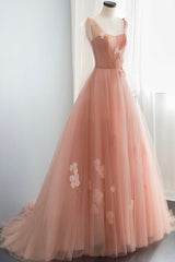 Bridesmaid Dresses Long Sleeves, Pink Tulle Long Prom Dresses, Cute A-Line Graduation Dress