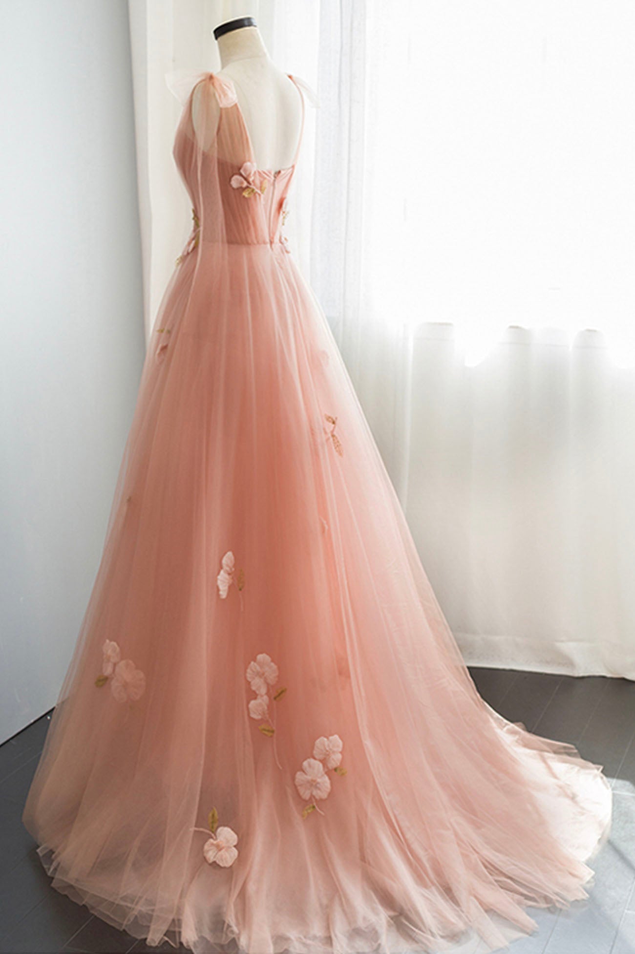 Bridesmaid Dress With Sleeves, Pink Tulle Long Prom Dresses, Cute A-Line Graduation Dress