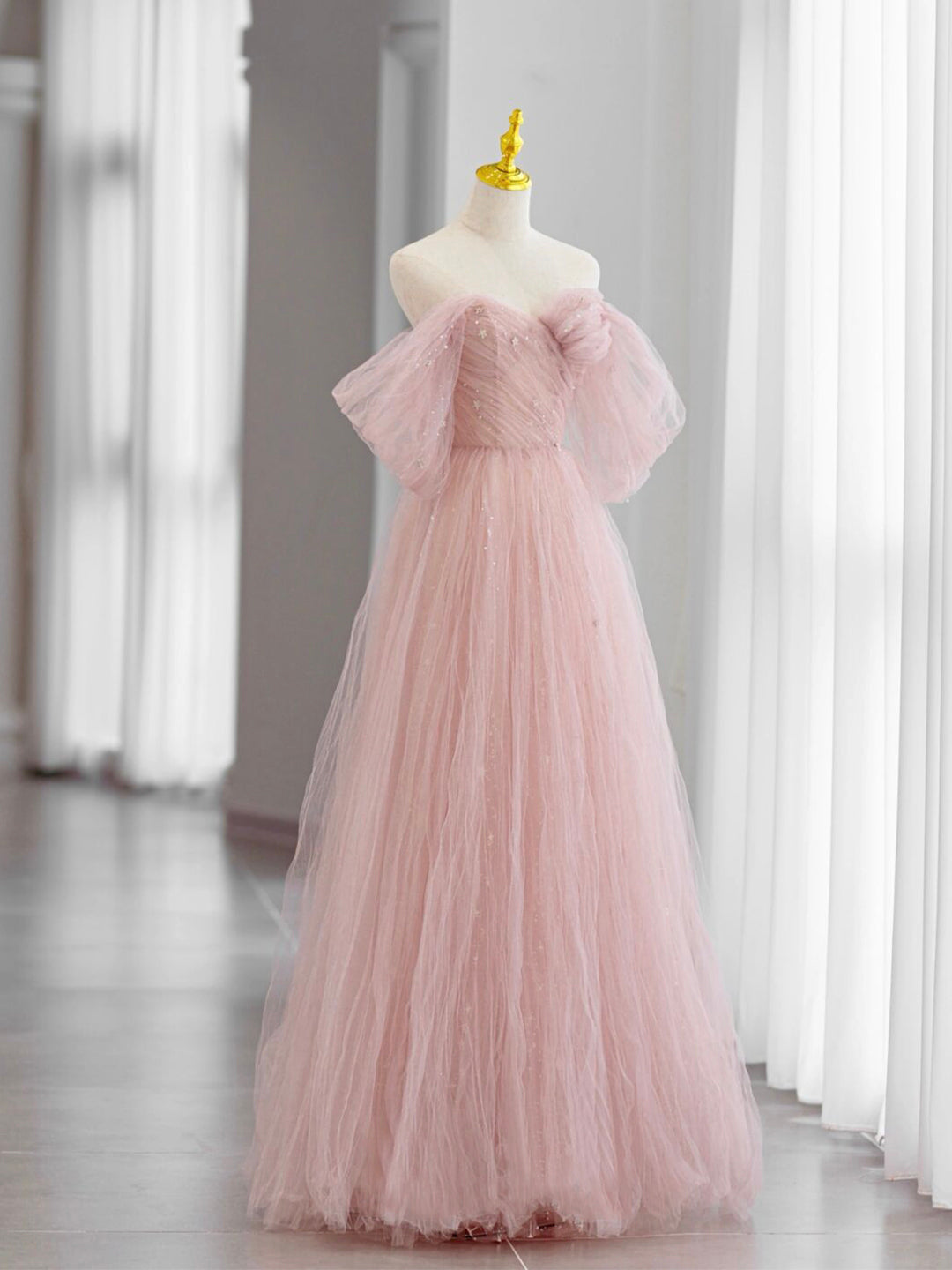 Bridesmaids Dresses Short, Pink Tulle Long Prom Dress, Beautiful A-Line Off Shoulder Evening Dress