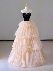 Evening Dress Vintage, Champagne Strapless Tulle Long Prom Dress, Beautiful Formal Evening Dress