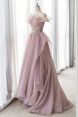Bridesmaid Dresses Tulle, Pink Tulle Long A-line Prom Dress, Lovely Off the Shoulder Evening Dress