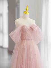 Bridesmaid Dress Short, Pink Tulle Long Prom Dress, Beautiful A-Line Off Shoulder Evening Dress