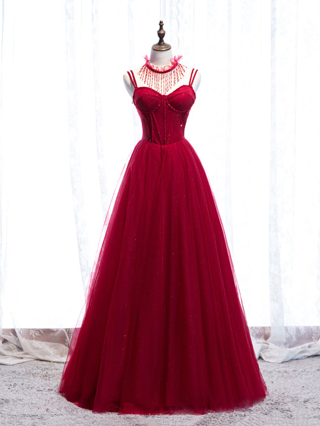 Party Dresses Sale, Red Spaghetti Strap Tulle Party Dress, Red Floor Length Prom Dress