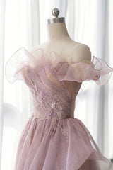 Bridesmaid Dress Tulle, Pink Tulle Long A-line Prom Dress, Lovely Off the Shoulder Evening Dress