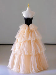 Evening Dress Sleeve, Champagne Strapless Tulle Long Prom Dress, Beautiful Formal Evening Dress