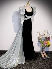 Bridesmaid Dress Navy Blue, Black Velvet Long Prom Dress, Mermaid Evening Party Dress with Bow