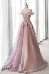 Bridesmaids Dress Chiffon, Pink Tulle Long A-line Prom Dress, Lovely Off the Shoulder Evening Dress