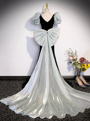 Wedding, Black Velvet Long Prom Dress, Mermaid Evening Party Dress with Bow