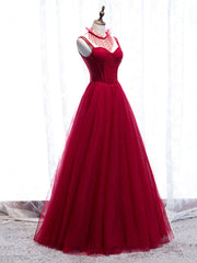 Party Dress Dress, Red Spaghetti Strap Tulle Party Dress, Red Floor Length Prom Dress