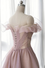 Bridesmaid Dress Chiffon, Pink Tulle Long A-line Prom Dress, Lovely Off the Shoulder Evening Dress