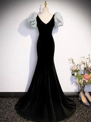 Bridesmaid Dresses Sage Green, Black Velvet Long Prom Dress, Mermaid Evening Party Dress with Bow