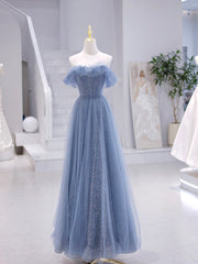 Party Dresses Website, Blue Strapless Tulle Long Prom Dress, Blue A-Line Evening Dress