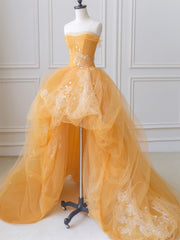 Bridesmaid Dress Mismatched, Orange Tulle Lace Long High Low Prom Dress, A-Line Strapless Evening Dress