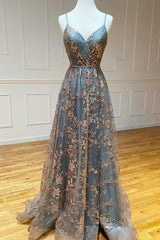 Dress, Grey Tulle Sequins Long Prom Dresses, A-Line Spaghetti Straps Evening Dresses