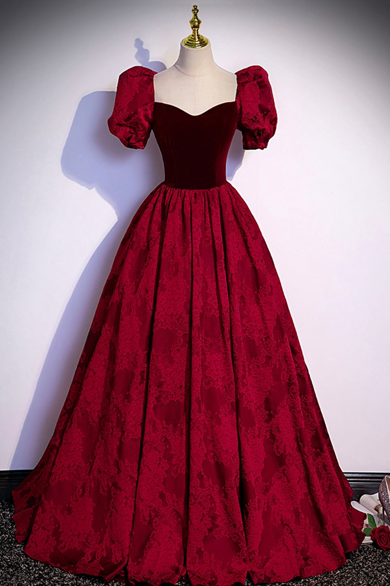 Best Prom Dress, Burgundy Velvet Long A-Line Prom Dress, Short Sleeve Evening Dress