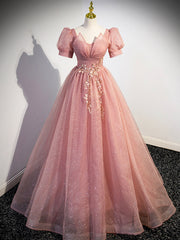 Bridesmaids Dress Blush, Pink Tulle Floor Length Prom Dress with Short Sleeve, Beautiful A-Line Evening Dress