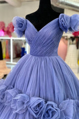 Formal Attire, Blue V-neck Tulle Formal Dress with Flowers, Blue Floor Length Prom Dress