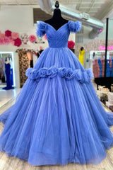 Party Outfit Night, Blue V-neck Tulle Formal Dress with Flowers, Blue Floor Length Prom Dress
