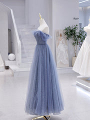 Party Dress Brands, Blue Strapless Tulle Long Prom Dress, Blue A-Line Evening Dress