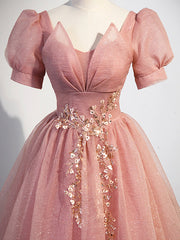 Bridesmaid Dress Blushes, Pink Tulle Floor Length Prom Dress with Short Sleeve, Beautiful A-Line Evening Dress