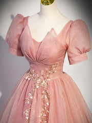 Bridesmaid Dresses Blushes, Pink Tulle Floor Length Prom Dress with Short Sleeve, Beautiful A-Line Evening Dress