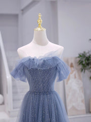 Party Dresses Websites, Blue Strapless Tulle Long Prom Dress, Blue A-Line Evening Dress