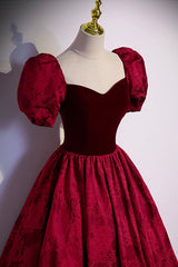 Burgundy Prom Dress, Burgundy Velvet Long A-Line Prom Dress, Short Sleeve Evening Dress