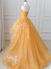 Bridesmaid Dresses Mismatching, Orange Tulle Lace Long High Low Prom Dress, A-Line Strapless Evening Dress