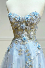 Party Dresses Online Shopping, Blue Tulle Appliques Long Prom Dresses, A-Line Strapless Evening Dresses