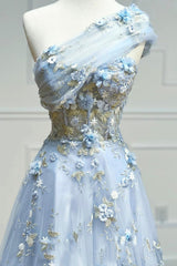 Party Dresses Online Shop, Blue Tulle Appliques Long Prom Dresses, A-Line Strapless Evening Dresses