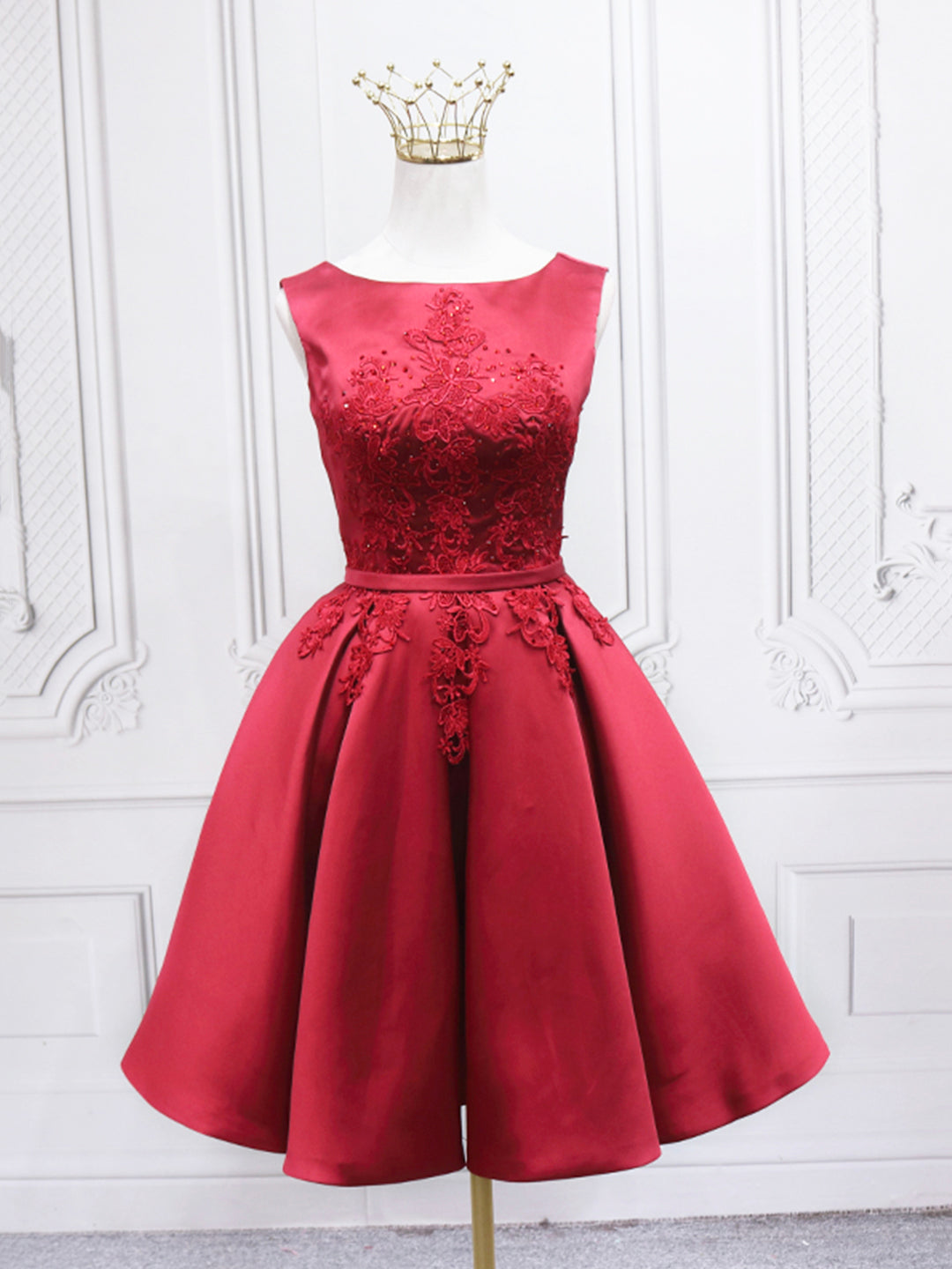 Formal Dress Styles, Burgundy Satin Lace Short Prom Dress, A-Line Homecoming Dress