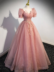 Bridesmaid Dressed Blush, Pink Tulle Floor Length Prom Dress with Short Sleeve, Beautiful A-Line Evening Dress