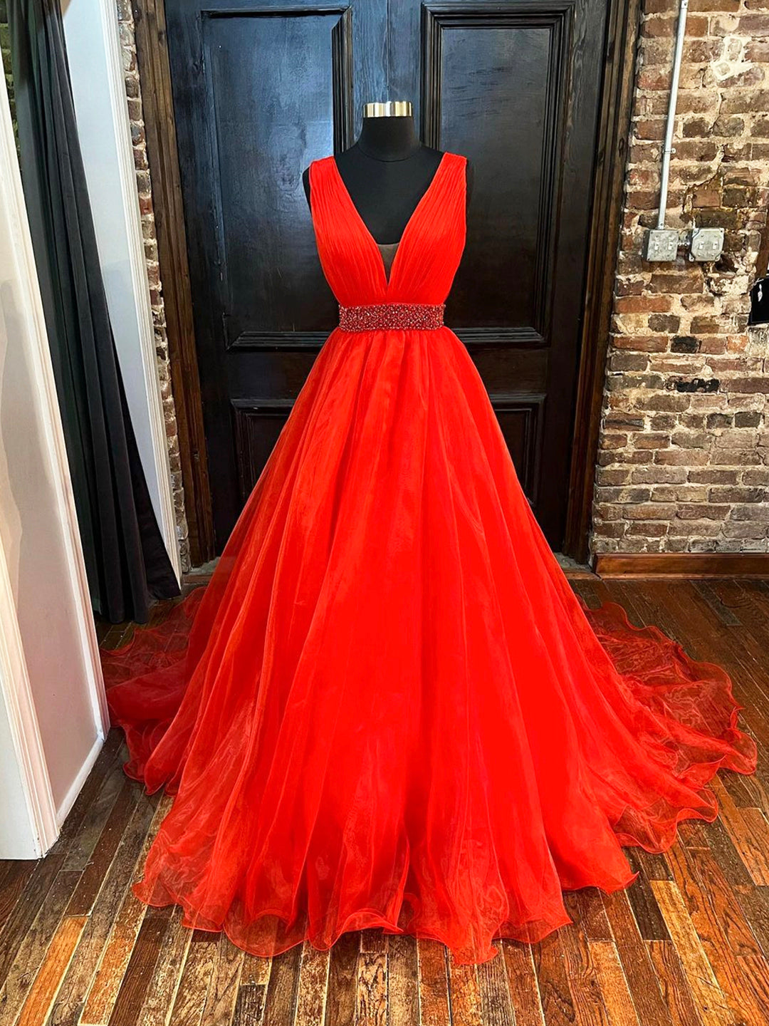 Party Dress Lady, Red V-Neck Tulle Long Prom Dress, Red A-Line Evening Dress with Beaded