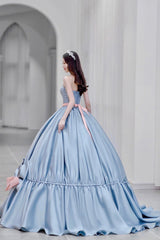 Long Sleeve Dress, Blue Satin A-Line Princess Dress, Blue A-Line Evening Gown with Bow